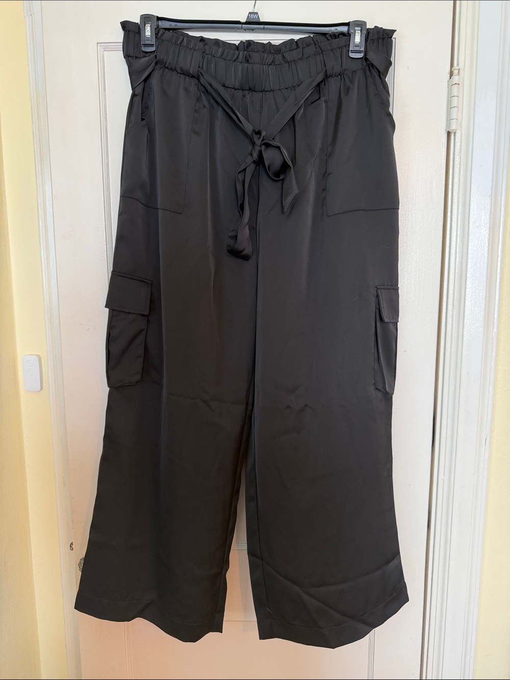 white birch Black Wide-Leg Cargo Satin Pants with Tie Waist